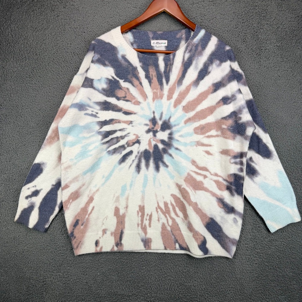 Macaron Womens Large Tie Dye Spiral Knit Sweater Blue Brown White Long Sleeve